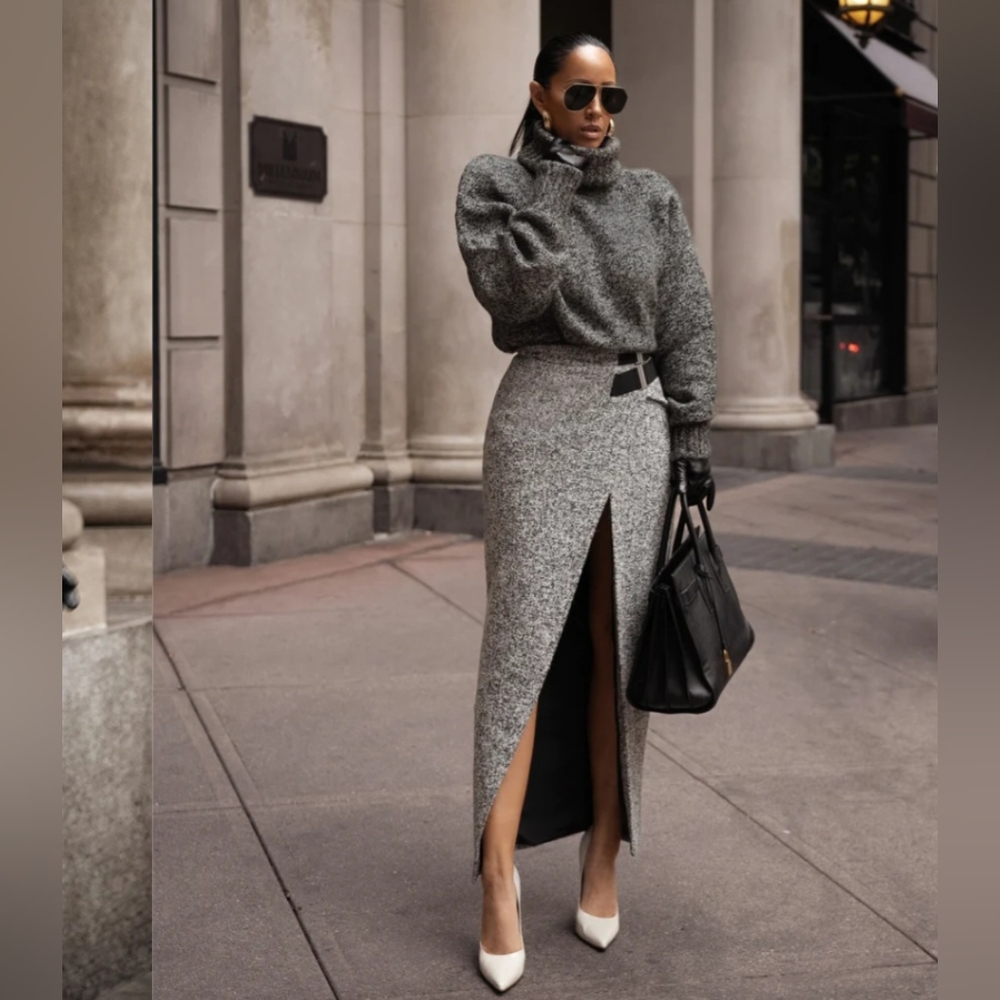Jluxlabel LT. GREY GISELE TWEED SLIT SKIRT